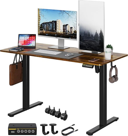 Electric Standing Desk,48x24 Inches Adjustable Height Stand up Desk, Sit Stand Home Office Desk with Splice Board, 3 Preset Heights,Equipped with Hooks,Ergonomic Computer Workstation，Brown