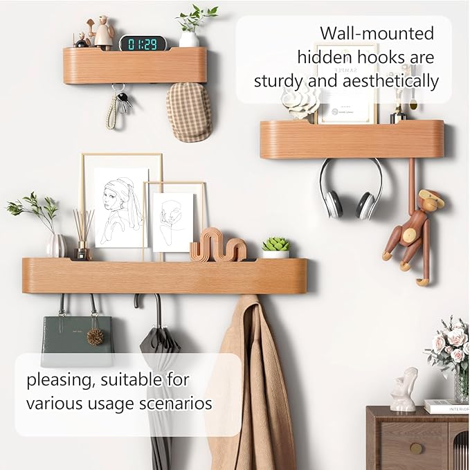 Coat Rack Wall Mount with Hidden Hooks Modern Key Holder Wood Entryway Hook with Shelf for Bedroom Kitchen Hallway Bathroom Designed for Hanging Coats Hats Bags Towels Dog Leashe(Oak,8 Hooks)