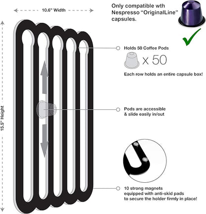 Demi's Home Magnetic Coffee Pod Holder for Nespresso Original Capsules - Suitable to be Mounted on the Fridge (Black)