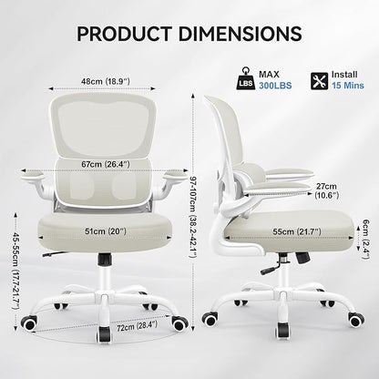 Ergonomic Office Chair, Breathable Mesh Ergonomic Desk Chair with Adjustable Lumbar Support, Flip-up Armrests, Computer Chairs Comfortable for Home, Office, Work, 300lbs, White