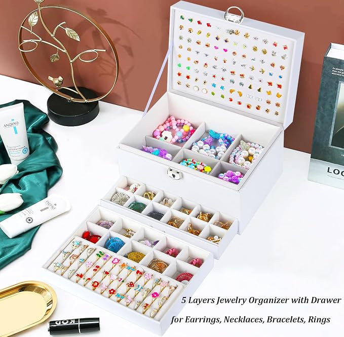 QBestry Earring Jewelry Box for Women Girls Stud Organizers, 5 Layers White Jewelry Organizer Box with Lock Necklaces and Earrings Holder Jewelry Box with Earring Organizer for Women Girls Xmas Gifts