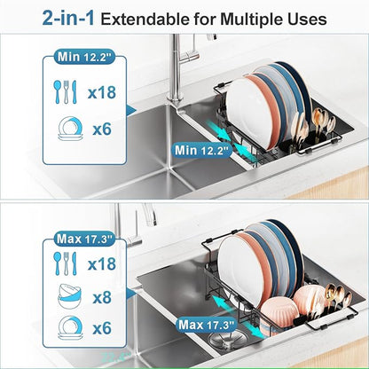 iSPECLE Small Sink Dish Drying Rack, Expandable Compact Rust Resistant Dish Drainer for RV Apartment Kitchen, Dish Rack with Tightening Knob, Arms with Non Slip Rubber, 9.1" W x 12.2"-17.3" L, Black