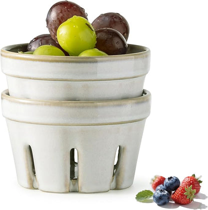 Gomakren Ceramic Fruit Basket Set of 2, Round Fruit Bowl with Holes, Fruit Storage Containers for Fridge, Small Berry Basket for Kitchen Counter, Berries, Strawberry, Grape, Cherry, White