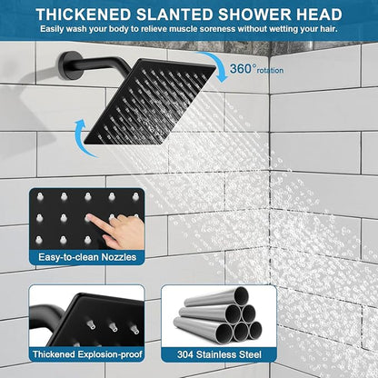 Shower Faucet Set Black Shower System, Ceiling Mount 10 Inch Shower Head With Wall Mount 6 Inch Shower Head and 2 in 1 Handheld Spray, Push Button Diverter Shower Valve Trim Kit Complete