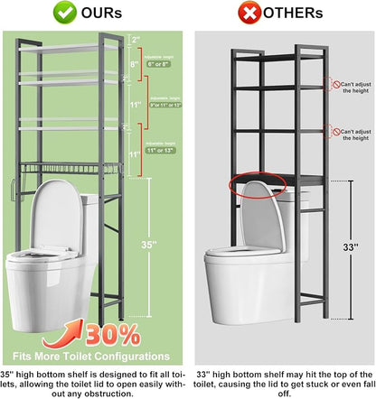 Kalrin Over-The-Toilet Storage Rack, 4-Tier Bathroom Organizer Shelf Over Toilet with Adjustable Shelf and Basket, Freestanding Space Saver Bathroom Shelves Above Toilet for Room (Gray- White)