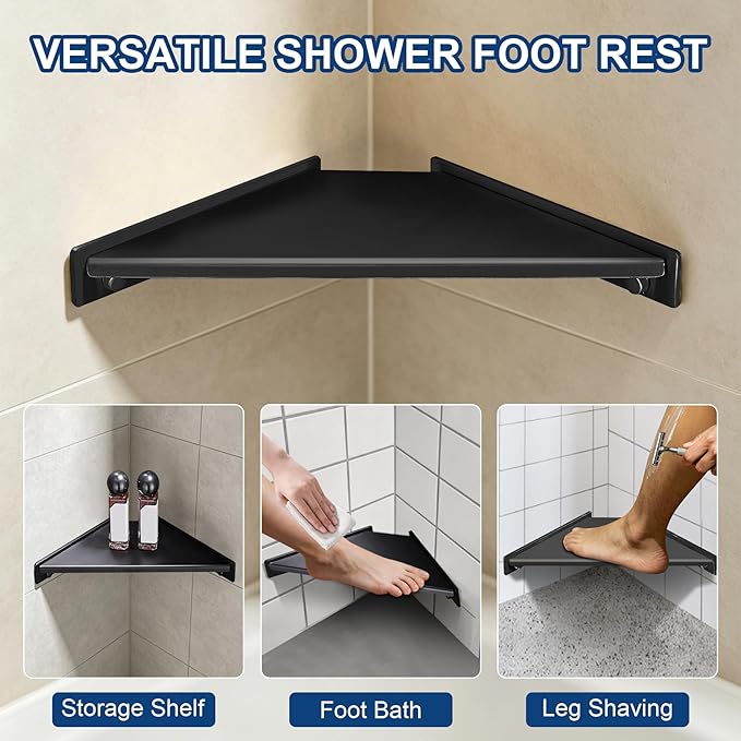 Corner Shower Foot Rest for Shaving Legs, Wall Mounted Shower Step & Shower Shelf 2 in 1, Stainless Steel Shower Foot Ledge, Heavy Duty Corner Shelf for Bathroom, Space Saving Design, Matte Black