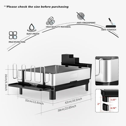 Ewaiira Dish Drying Rack, 304 Stainless Steel Dish Racks for Kitchen Counter, Dish Drainers with Automatic Drainage, Utensil Holder & Cups Holder, Space Saving Kitchen Organizer, Black