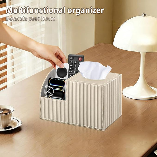 PU Leather Square Tissue Box Cover - Multi-Functional Tissue Box Holder, Tissue Box Cover with Storage,Tissue and Remote Control Holder, Cube Tissue Box Organizer Bedroom Nightstand End Table