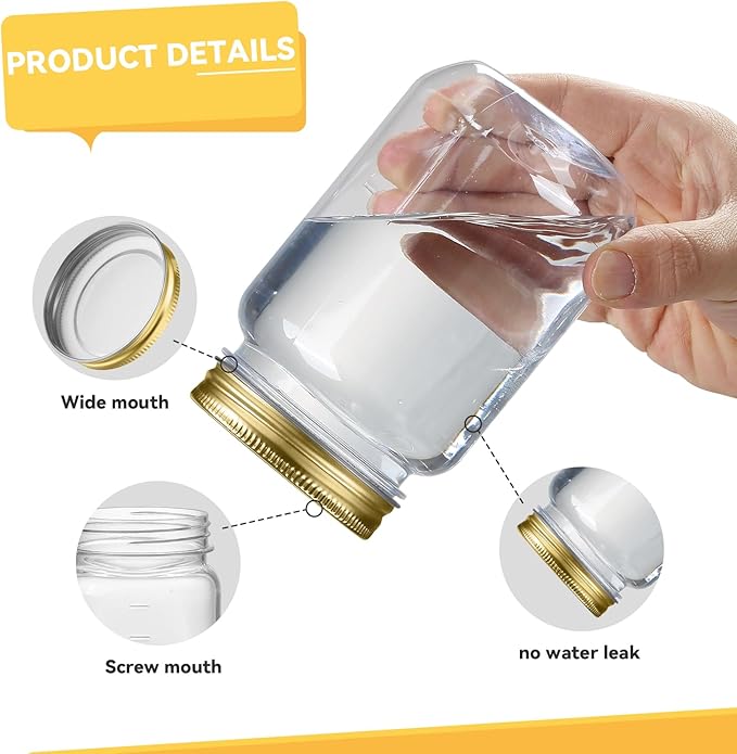 novelinks 16 oz Clear Plastic Jars with Lids, Refillable 16oz Mason Jars with Lids & Storage Containers for Kitchen & Household Use (20 Pack,Gold)