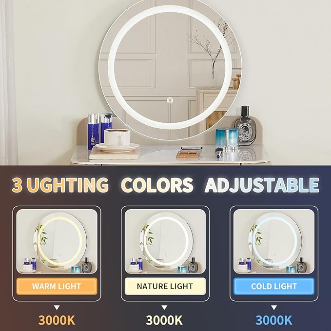 Makeup Vanity with Round Mirror,Light,Two Drawers,Cushioned Stool Set.Small Dressing Table for bedrooms and Dressing Rooms.Beige-Gray