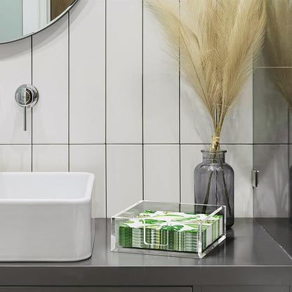 HIIMIEI Acrylic Napkin Holder for Table: Square Luncheon Napkin Tray, Flat Decorative Guest Towel Holder for Bathroom, Kitchen, Bar, Dinner, Party, 7.6 x 7.6 inches（Clear)