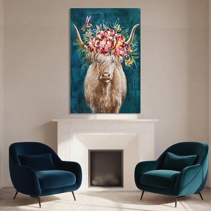 ZENPEE Highland Cow Canvas Wall Art with Pink and Blue Background, Farmhouse Wall Decor for Bedroom, Living Room, Office, Hallway, 24" x 36"