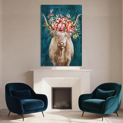 ZENPEE Highland Cow Canvas Wall Art with Pink and Blue Background, Farmhouse Wall Decor for Bedroom, Living Room, Office, Hallway, 24" x 36"