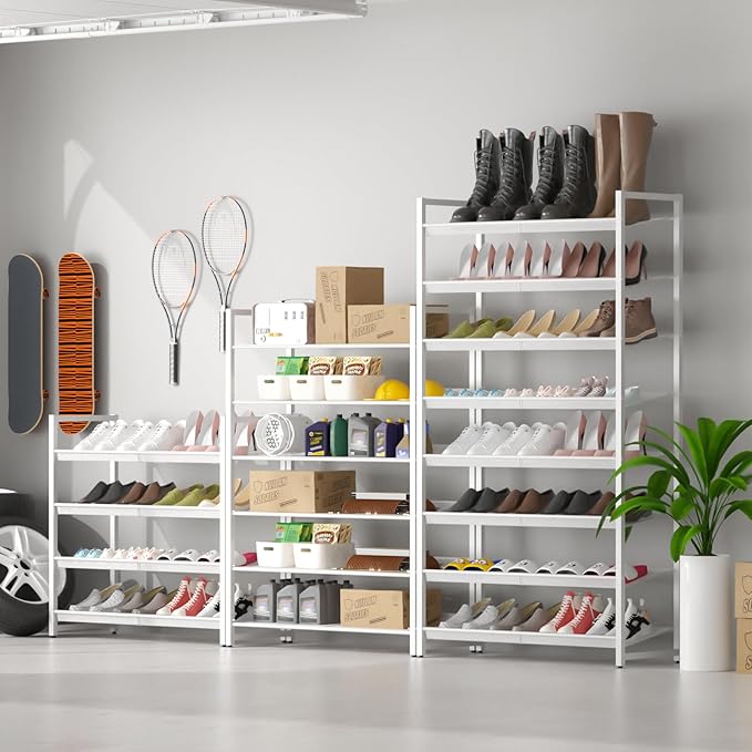 4 Tier Metal Shoe Organizer, Stackable Shoe Stand for Closet, with Adjustable Flat, Holds up to 20 Pairs, Sturdy Shoe Rack for Entryway Bedroom, White