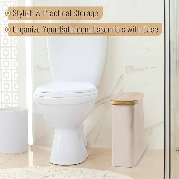 BAMBOO LAND- Toilet Paper Storage with Bamboo Lid for 12 Rolls, Beige, Waterproof Bamboo Toilet Paper Holder Basket