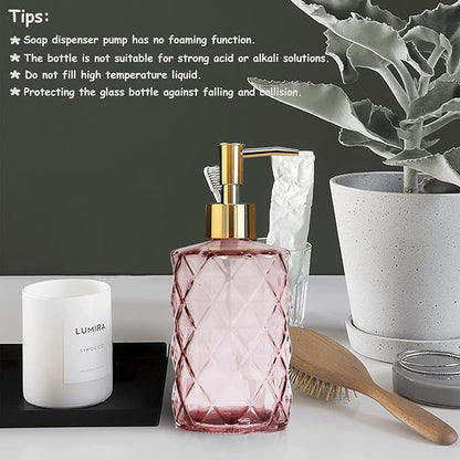 Glass Soap Dispenser with Gold Plastic Pump, 12oz Refillable Liquid Hand Soap Dispenser, 2 Pack Crystal Lotion Bottle for Modern Home Decor, Bathroom, Kitchen Countertop, Hotel