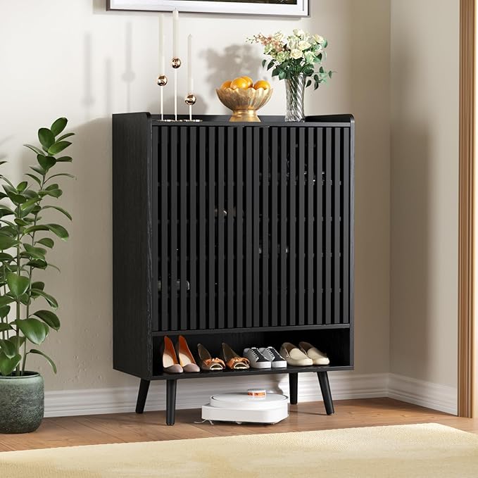 Black Shoe Cabinet Up to 24 Pairs, Large Shoe Storage Cabinet for Entryway, Freestanding Shoe Organizer Cabinet with Adjustable Shelves for Entryway, Hallway, Black