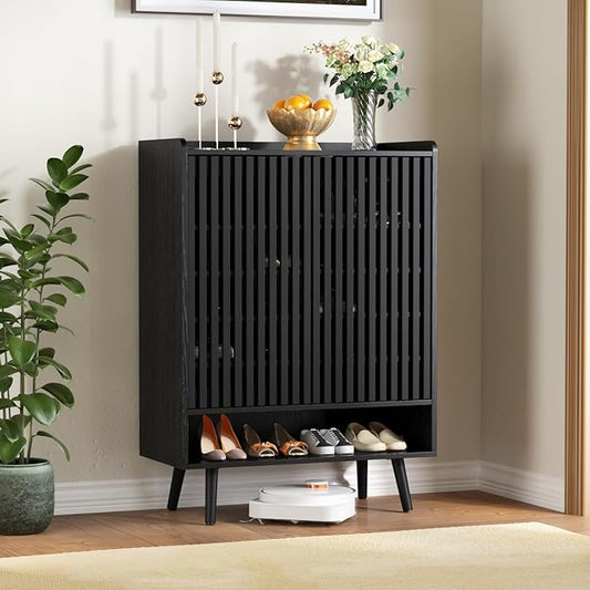 Black Shoe Cabinet Up to 24 Pairs, Large Shoe Storage Cabinet for Entryway, Freestanding Shoe Organizer Cabinet with Adjustable Shelves for Entryway, Hallway, Black
