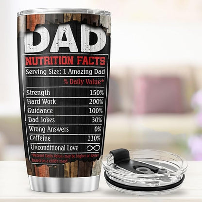 Funny Dad Gift with Nutrition Facts, Rustic American Design Stainless Steel Tumbler, 20oz Insulated Coffee Cup for Father, Husband, Grandpa, Birthday, Father's Day Present