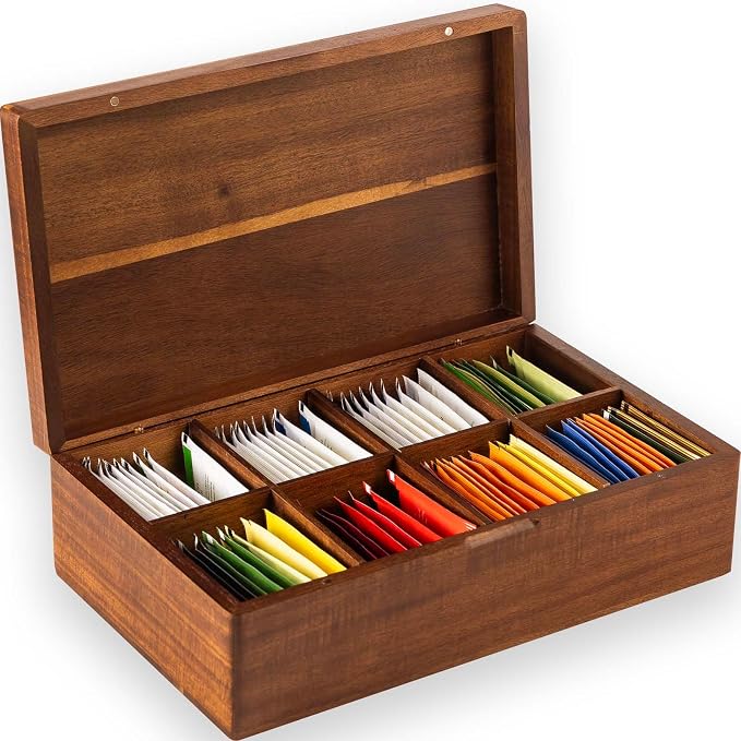 Acacia Wooden Tea Bag Organizers, Tea packet Storage Boxes, Tea Caddy for Tea Bags Chest, Teabag Holder Containers, Teabox Station Display, Organizador De Tes Caja Para Te, 8 Compartments