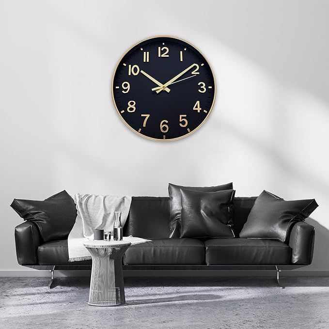 HZDHCLH Wall Clocks Battery Operated,Wall Clock Black Gold,10 inch Wall Clock Silent Non Ticking Modern 3D Numbers for Kitchen Bedroom Living Room Office Classroom Decor