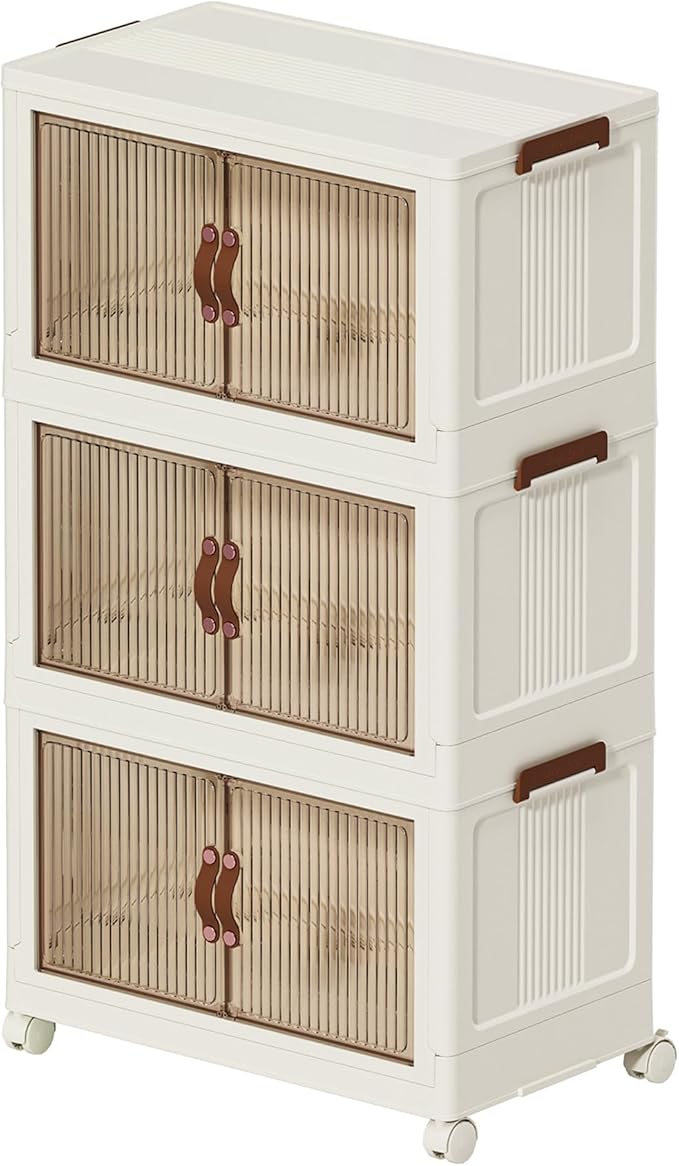 Collapsible Stackable Storage Bins with Lids and Wheels, 98 Gal Folding Storage Box with Doors, Foldable Plastic Cabinet Storage Containers with Drawers for Clothes, Home, Room, White, 3 Tiers