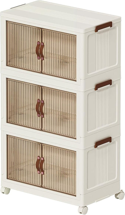 Collapsible Stackable Storage Bins with Lids and Wheels, 98 Gal Folding Storage Box with Doors, Foldable Plastic Cabinet Storage Containers with Drawers for Clothes, Home, Room, White, 3 Tiers