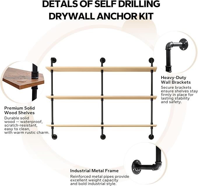 3-Tier Industrial Pipe Floating Shelf – Rustic 48 inch Wood Wall-Mounted Storage Shelf for Kitchen Office,Bathroom & Home Decor -White Oak