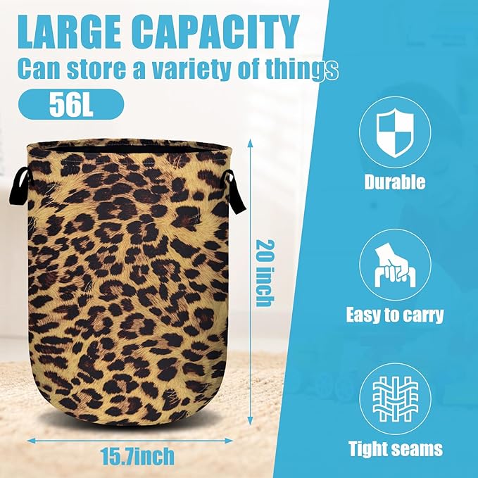 Brown Leopard Laundry Basket, Laundry Hamper Collapsible Oxford Cloth with Handle Clothes Toy Storage Bin for Bathroom Laundry Room Bedroom 15.7 X 20 Inch