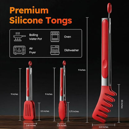 HST 3 Pack Kitchen Tongs, Non Stick Stainless Steel 9 Inch Tongs With Silicone Tip for Cooking BBQ Baking(Red)