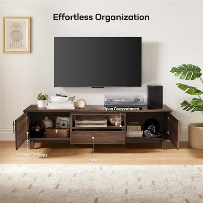 Amada 58" TV Stand for TVs up to 65 Inch, Fluted Entertainment Center with Storage Cabinets and Drawer, Mid Century Modern TV Console for Living Room & Bedroom, Walnut