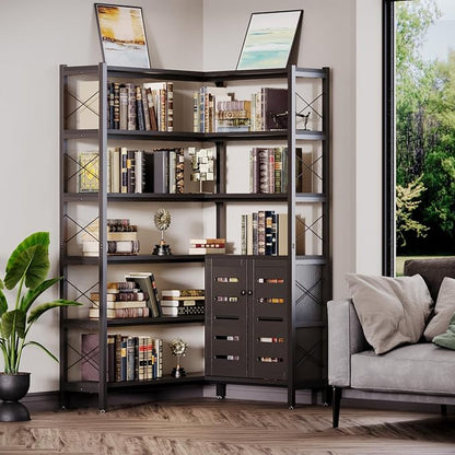 Jartoil Corner Bookshelves and Bookcases Industrial Corner Etagere Bookcase L Shaped Shelf 6 Tiers with Metal Frame for Living Room Home Office