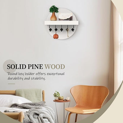 Nekon Key Holder Wall Mount, Key and Mail Organizer for Wall, 9.8 Inch Round Wooden Rustic Wall Organizer for Entryway, Hallway, Kitchen, Office (White)