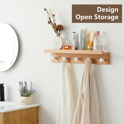Beech Wood Coat Rack Shelf Wall Mounted, Wooden Wall Hooks with Shelves, Entryway Shelf with 4 Hooks for Hanging Clothes Hats Towel for Bathroom, Living Room, Bedroom (Natural, 19 inches)