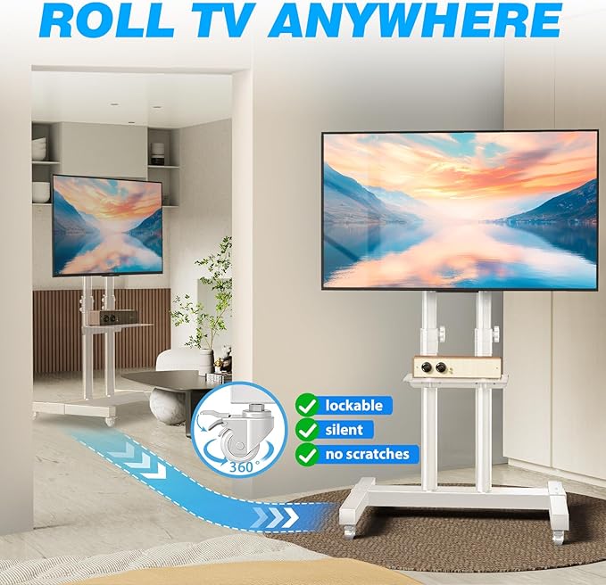 Rfiver Mobile TV Cart Rolling TV Stand for 32-83 Inch Screen Flat/Curved TVs up to 110lbs, Tilt and Height Adjustment Portable TV Stands on Wheel with Laptop Shelf, Outdoor TV Stand MAX VESA 600x400mm