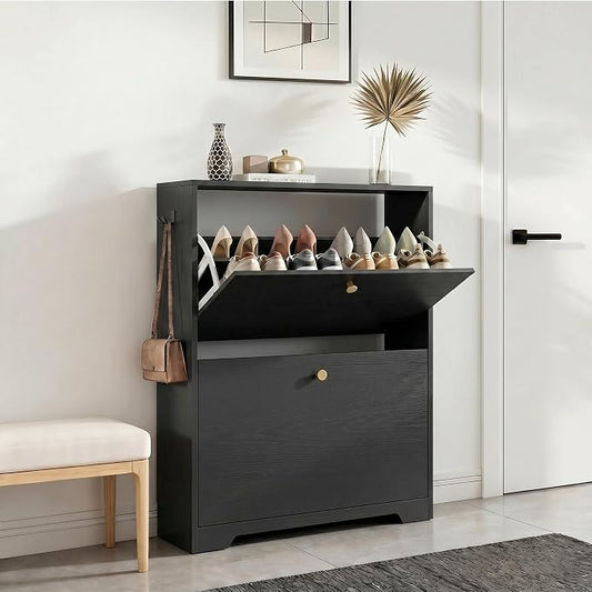 Nicetree Shoe Cabinet with 2 Flip Drawers, Narrow Shoe Organizer Cabinet, Freestanding Shoe Rack Cabinet, Modern Shoe Storage Cabinet for Entryway, Hallway, Foyer, Black with Hook