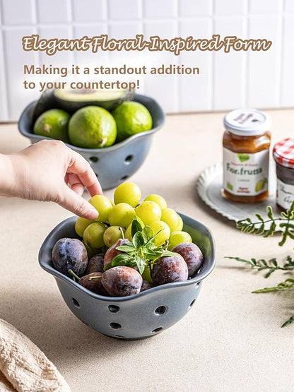 Gomakren Fruit Basket Set of 2, Ceramic Fruit Bowl Berry Basket with Holes, 7.6 Inch Fruit Containers Colander for Fridge - Farmhouse Kitchen Decor, Slate Blue