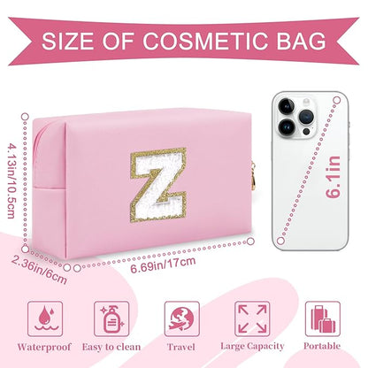 Personalized Initial A-Z Preppy Patch Makeup Bag,Small PU Chenille Letter Cosmetic Bag with Zipper for Teen Girls,Pink Cute Toiletry Organizer Bag,Monogram Makeup Case Gift for Women Girls,Letter Z