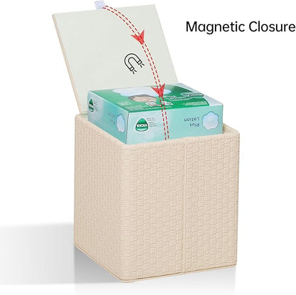 Square Tissue Box Cover, Stylish Leather Tissue Box Holder with Magnetic Bottom, Used As A Decorative Tissue Holder for Living Rooms, Bedrooms, and Desks (Beige Woven Pattern)-1