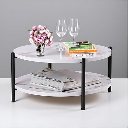 Round Coffee Table, 27.6" Circle Coffee Table for Living Room, 2-Tier Wood Accent Center Table with Open Storage Industrial Design Home Furniture, White