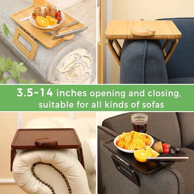 Smatdecis Couch Arm Tray Table Sofa Arm Clip, Armrest Tray Table Suitable for Home Drinks/Fast Food/Fruit Etc, Large Size Multi-Function Brown(360° Rotating Stand A)