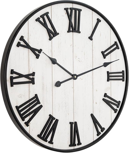 MODE HOME Large Rustic Wooden Wall Clock, 24 Inch Whitewashed Farmhouse Wall Clock with Carved Roman Numerals, Silent Battery Operated Round Vintage Clock for Living Room, Kitchen, Bedroom, Study Room
