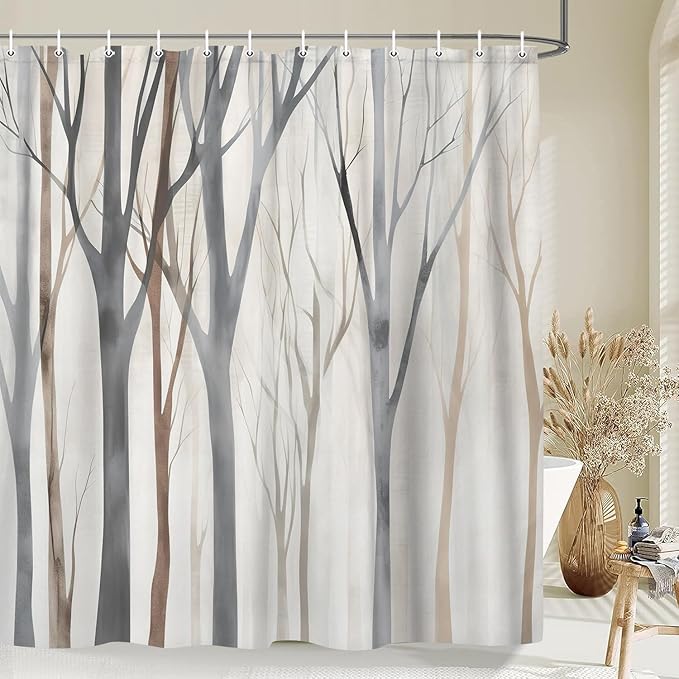 MERCHR Brown Grey Tree Fabric Shower Curtain, Art Style Abstract Birch Forest Rustic Wood Polyester Fabric Waterproof Bath Curtain, Farmhouse Bathroom Shower Curtains with Hooks 72X72 Inch