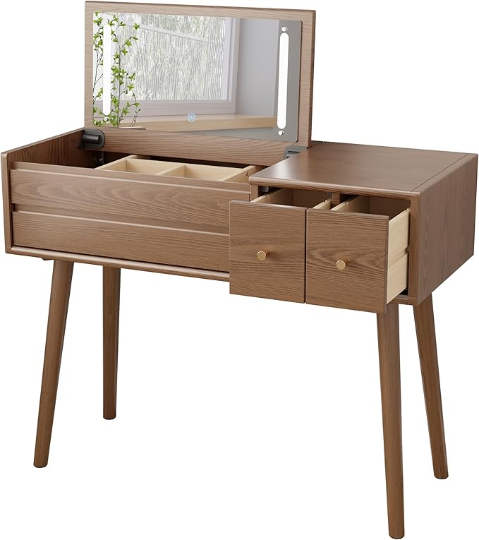Wood Vanity Desk with Mirror and Lights, Dressing Vanity Table Vanity Set 4 Drawers, 40 Inch Large Make Up Vanity Table Wooden with 3 Lighting Modes for Bedroom Walnut(with Adapter)