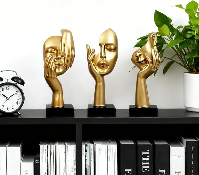 3 Pcs Thinker Statue,Modern Home Resin Sculptures,Collectible Figurines for Home Office Bookshelf Desktop Decor(Golden)