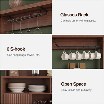 Fluted Buffet Cabinet with Storage, Modern Coffee Bar Cabinet with Outlet, Removable Wine Rack, Multi-Functional Accent Liquor Cabinet for Living Room, Entryway, Kitchen, Walnut