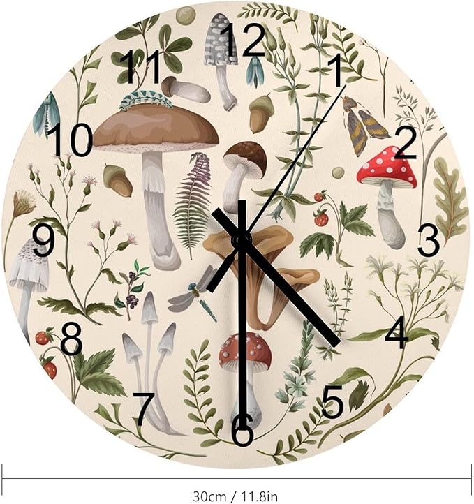 Botanical Wall Clock 12 Inch Silent Non Ticking Clock Wooden, Nature Cartoon Botanical Leaves Mushroom Plants Pattern Wall Clock Battery Operated Kitchen Bedroom Living Room Decor