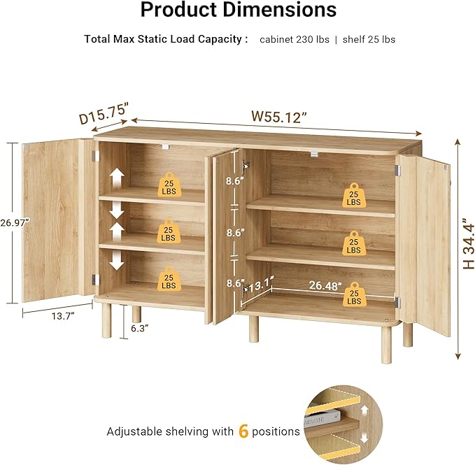 Fluted Sideboard Cabinet, Modern Buffet Cabinet, Storage Cabinet with Adjustable Shelves & Solid Wood Legs, Accent Credenza Sideboard for Kitchen, Coffee Bar, Living Room, Entryway, Hallway