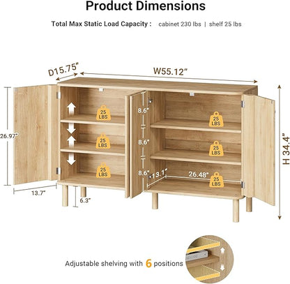 Fluted Sideboard Cabinet, Modern Buffet Cabinet, Storage Cabinet with Adjustable Shelves & Solid Wood Legs, Accent Credenza Sideboard for Kitchen, Coffee Bar, Living Room, Entryway, Hallway