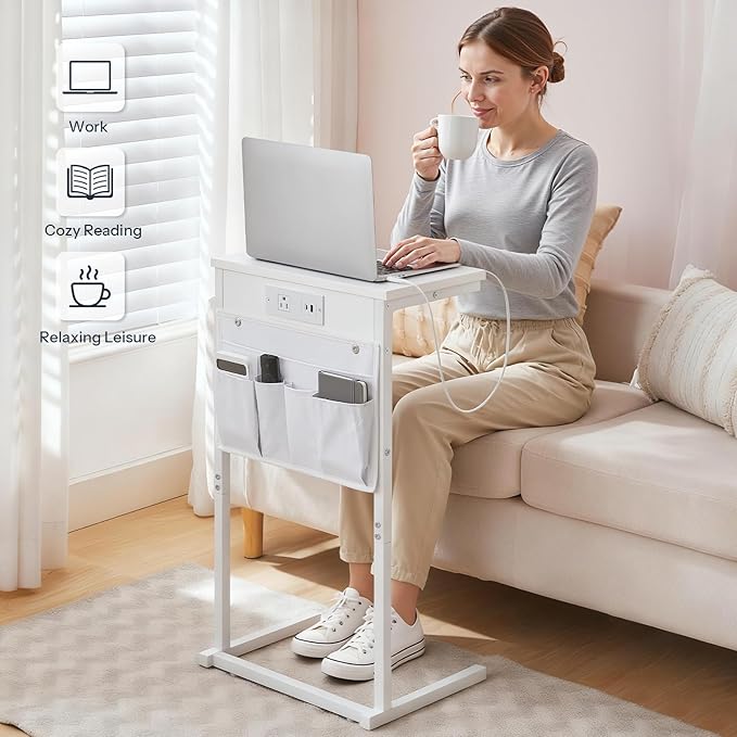 HOOBRO C Shaped End Table with Charging Station, 28" H Couch Side Table Slide Under, Sofa Arm Tray Table with Storage Bag for Living Room, Recliner, White WW70USF01
